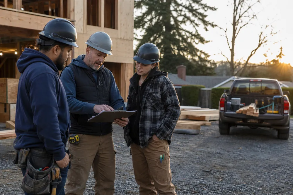 Construction crew reviewing a project together