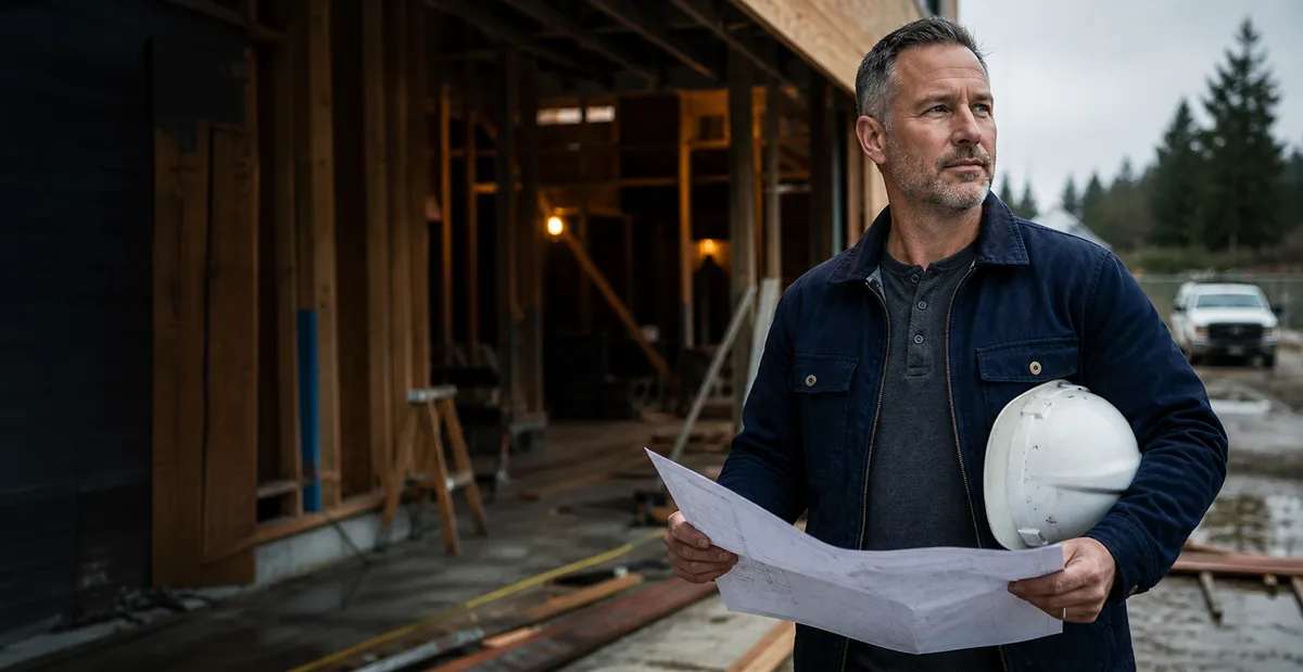 Contractor holding plans and a hard hat at a construction site